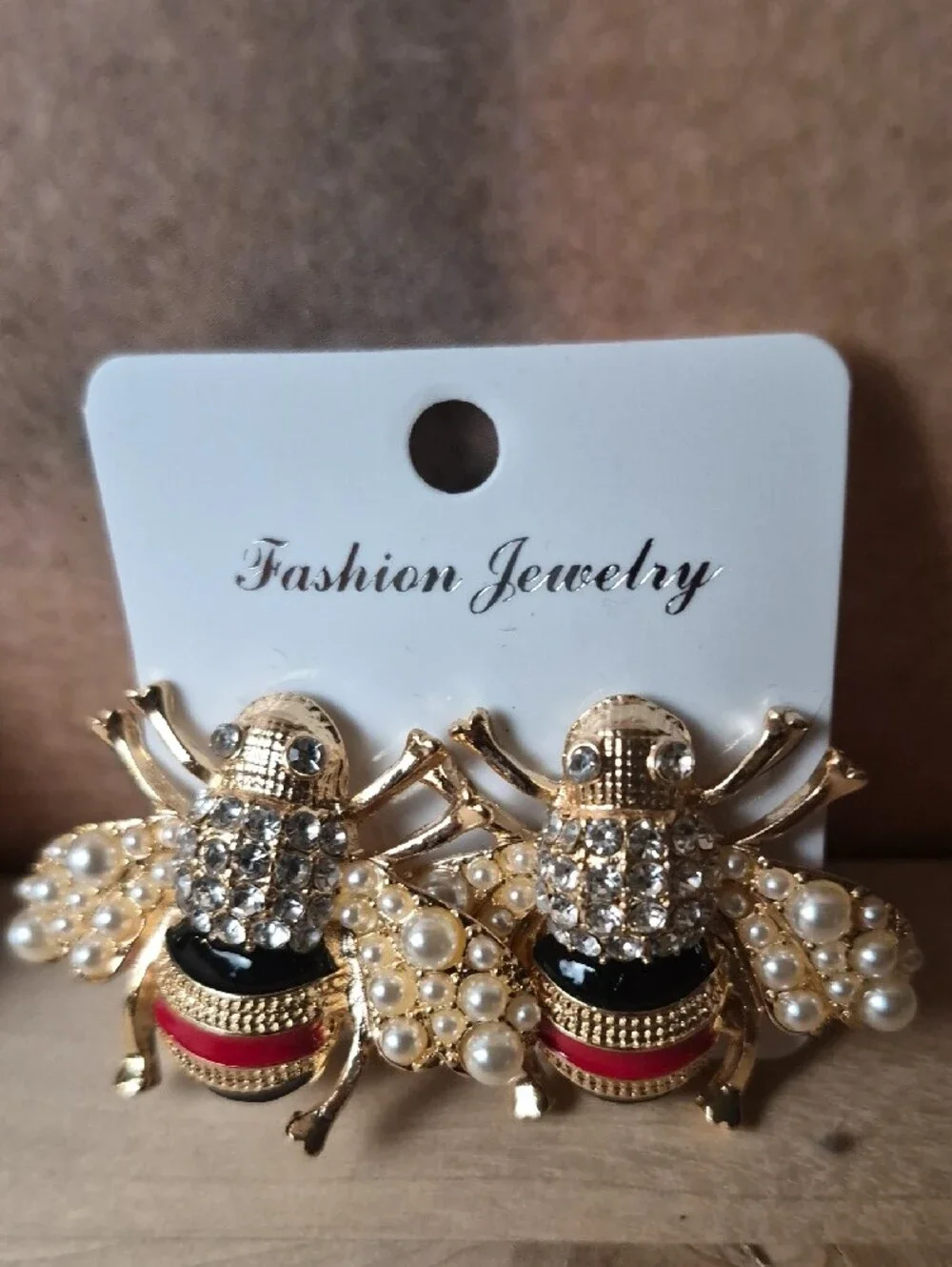 Fashion Jewelry Gold Bee Brooche with Red Enamel and Pearl Accents. Pair Earring